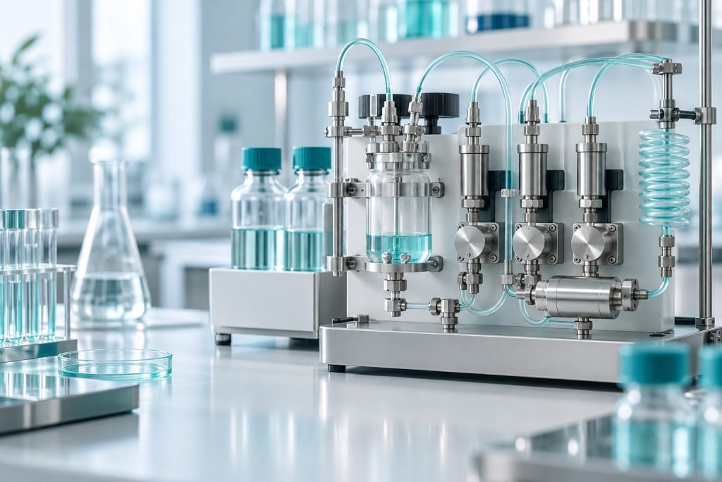 AI-generated conceptual illustration for From Solid-Phase Synthesis to Automated Flow: How Peptide Manufacturing Research Evolved